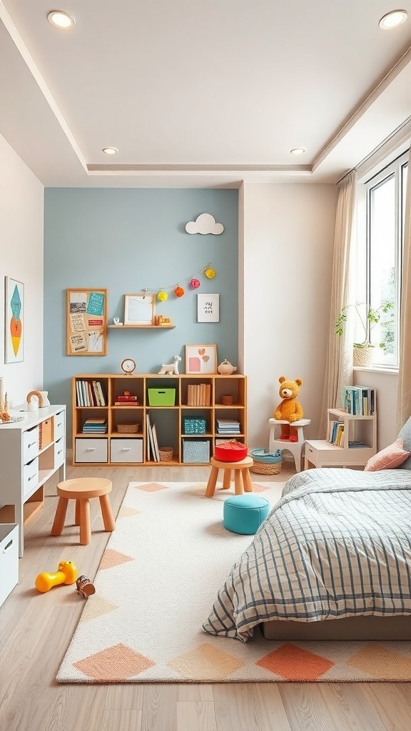 A modern kids bedroom featuring a cozy bed, colorful rug, playful decor, and interactive play zones.