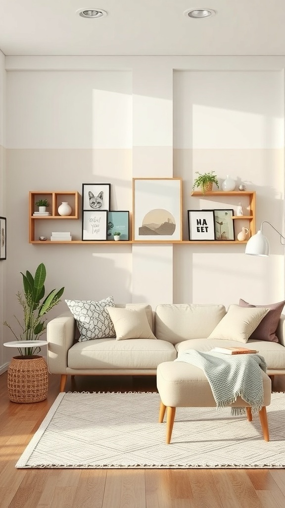A cozy living room with a beige sofa, decorative pillows, and a wooden shelf displaying art and plants.