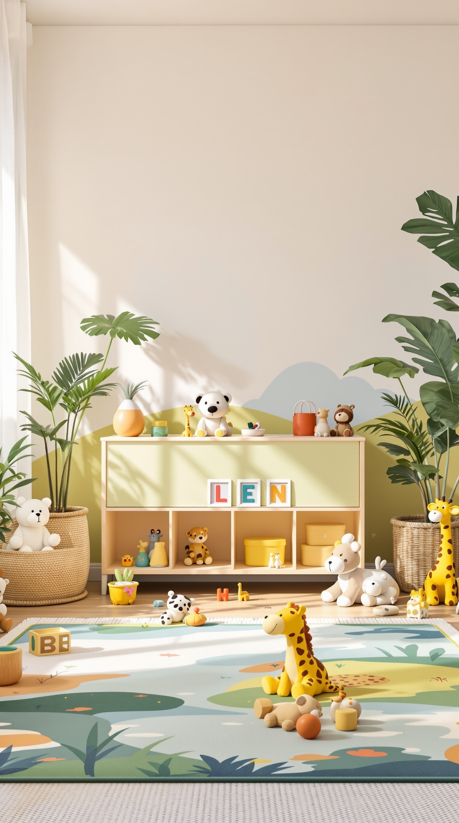 A bright and cheerful safari-themed play area for babies, featuring plush toys, colorful storage, and a vibrant rug.
