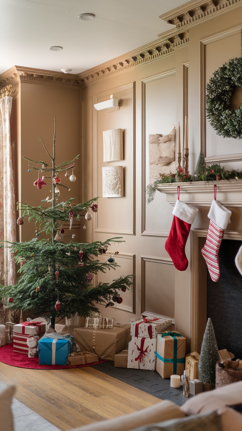 A cozy living room with a Christmas tree and colorful stockings hanging by the fireplace.
