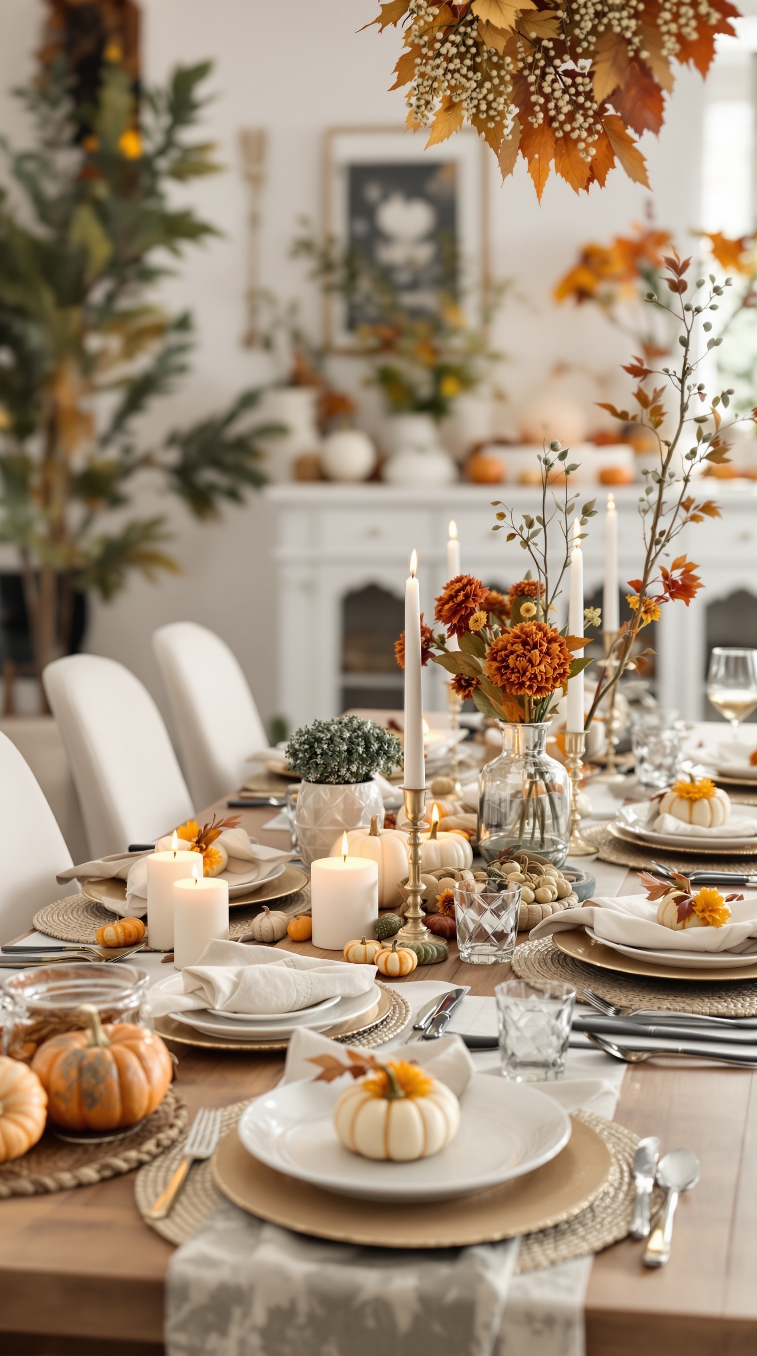 A beautifully arranged Thanksgiving table with pumpkins, candles, and flowers.
