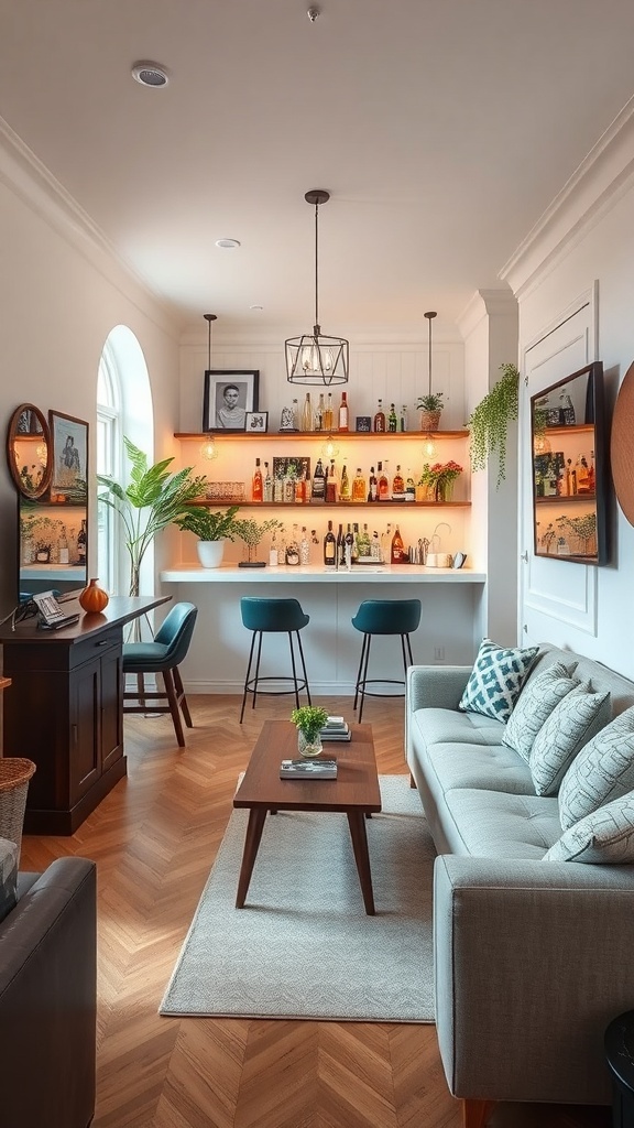 A cozy tiny bar setup with stylish seating and a well-stocked shelf of drinks.