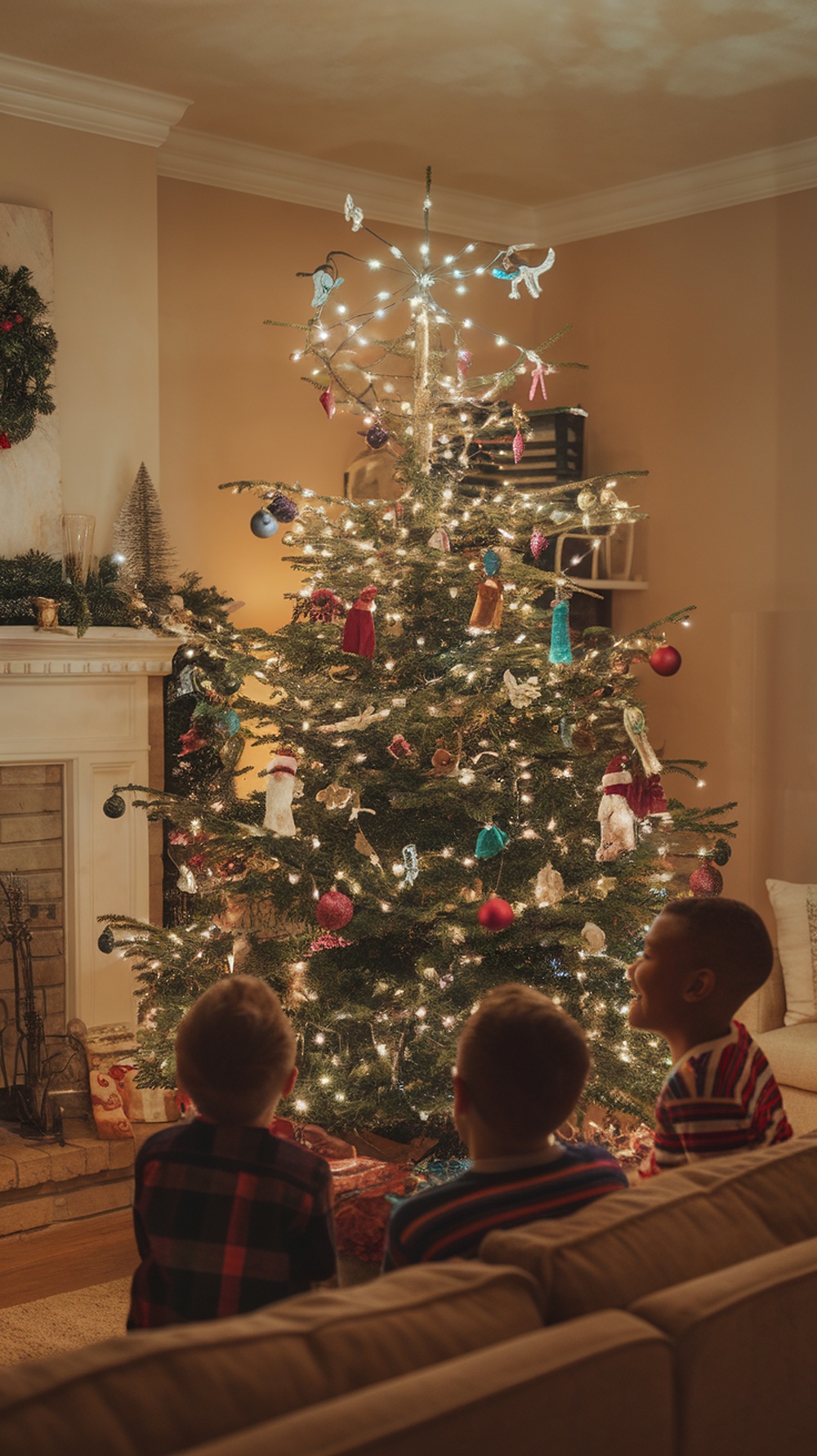 Children admiring a beautifully decorated Christmas tree with lights and ornaments.