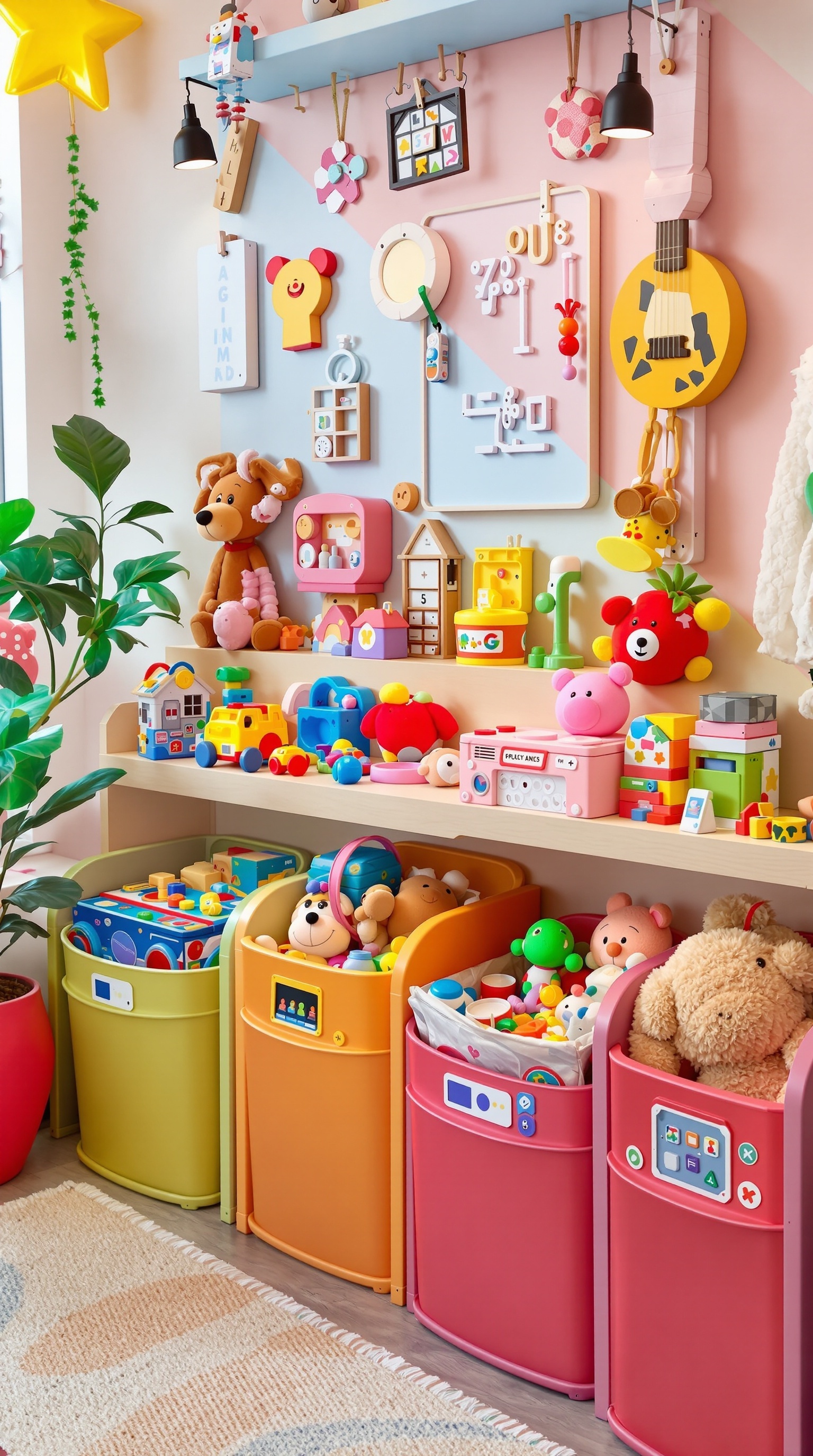 Colorful interactive toy storage bins filled with various toys, set in a playful room with shelves and decorations.