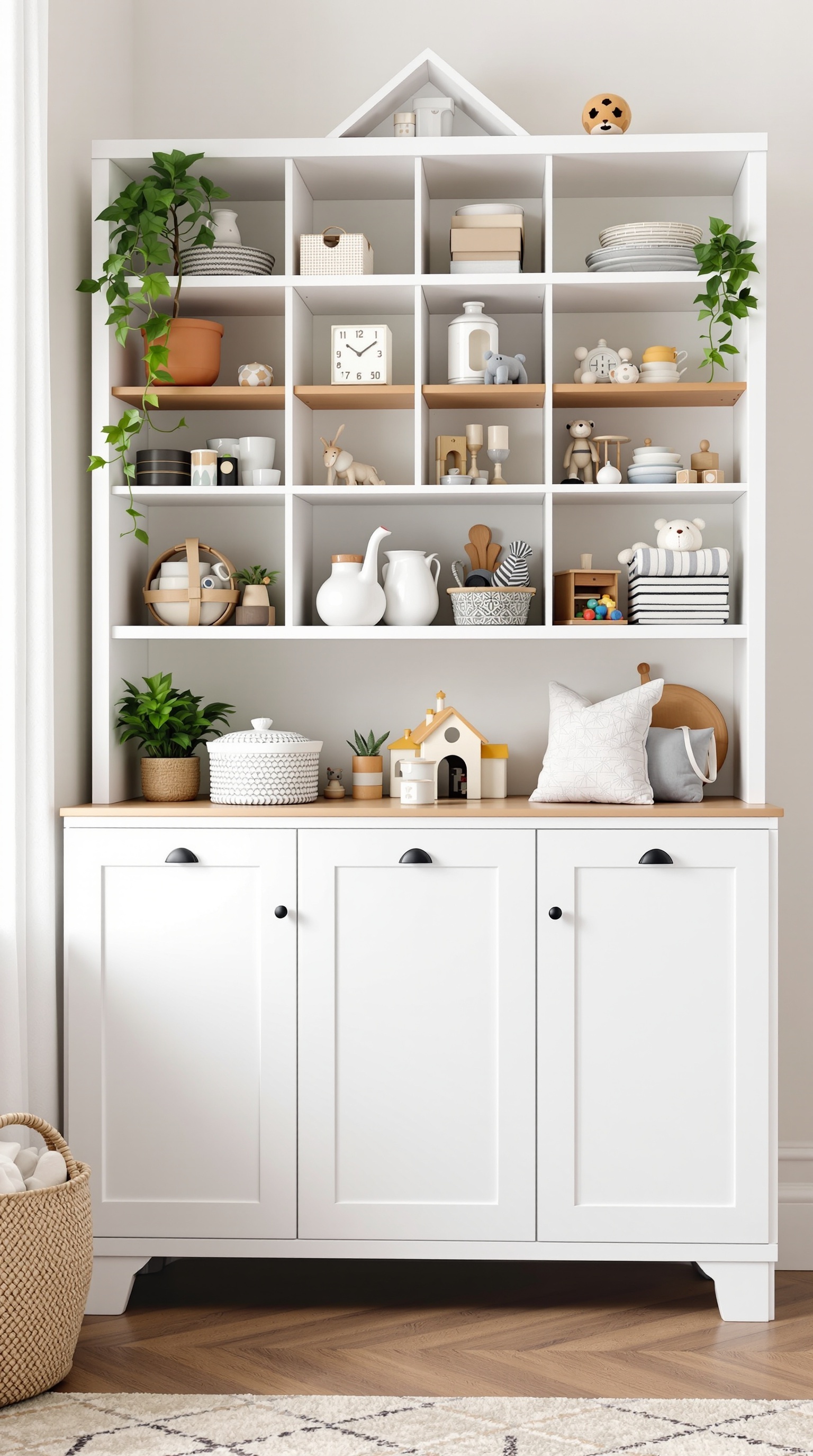 Stylish shelving unit with toys and decorative items, showcasing interactive toy storage solutions.