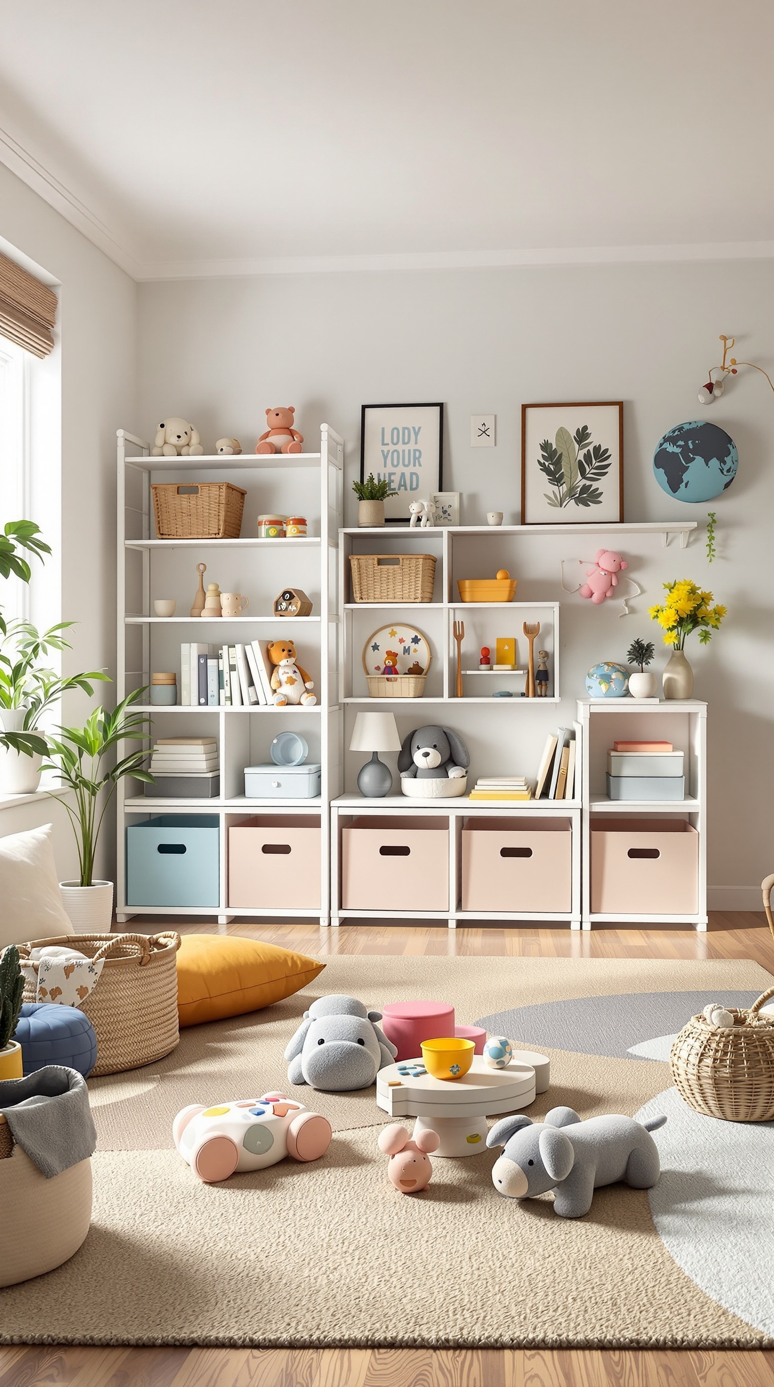 A bright and organized toy room with shelves, colorful bins, and playful decor.