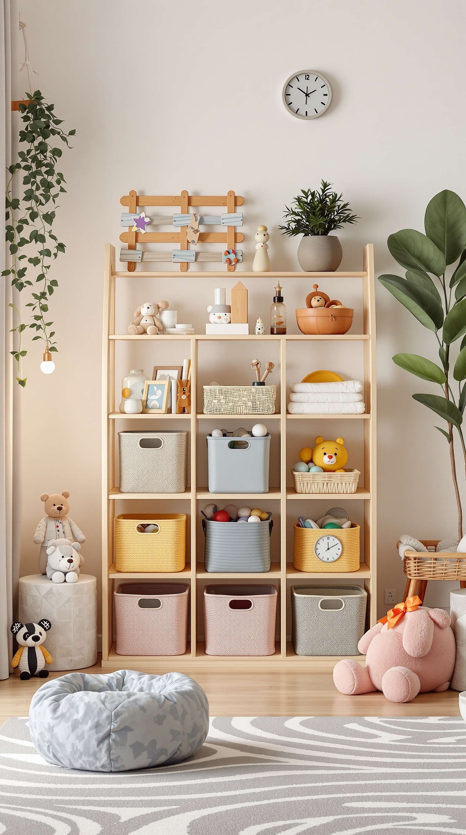 A stylish toy storage solution featuring a wooden shelving unit with colorful baskets, plush toys, and a cozy bean bag.