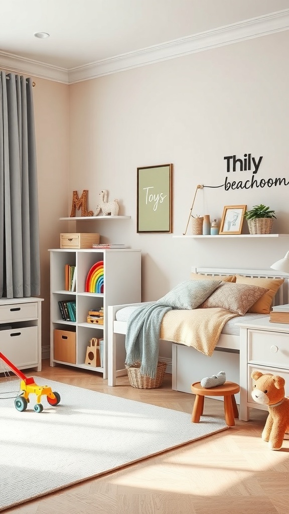 A bright kids bedroom featuring interactive toy storage with colorful shelves and a cozy rug.