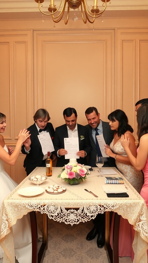 A lively group of wedding guests playing trivia at a reception, surrounded by food and drinks.