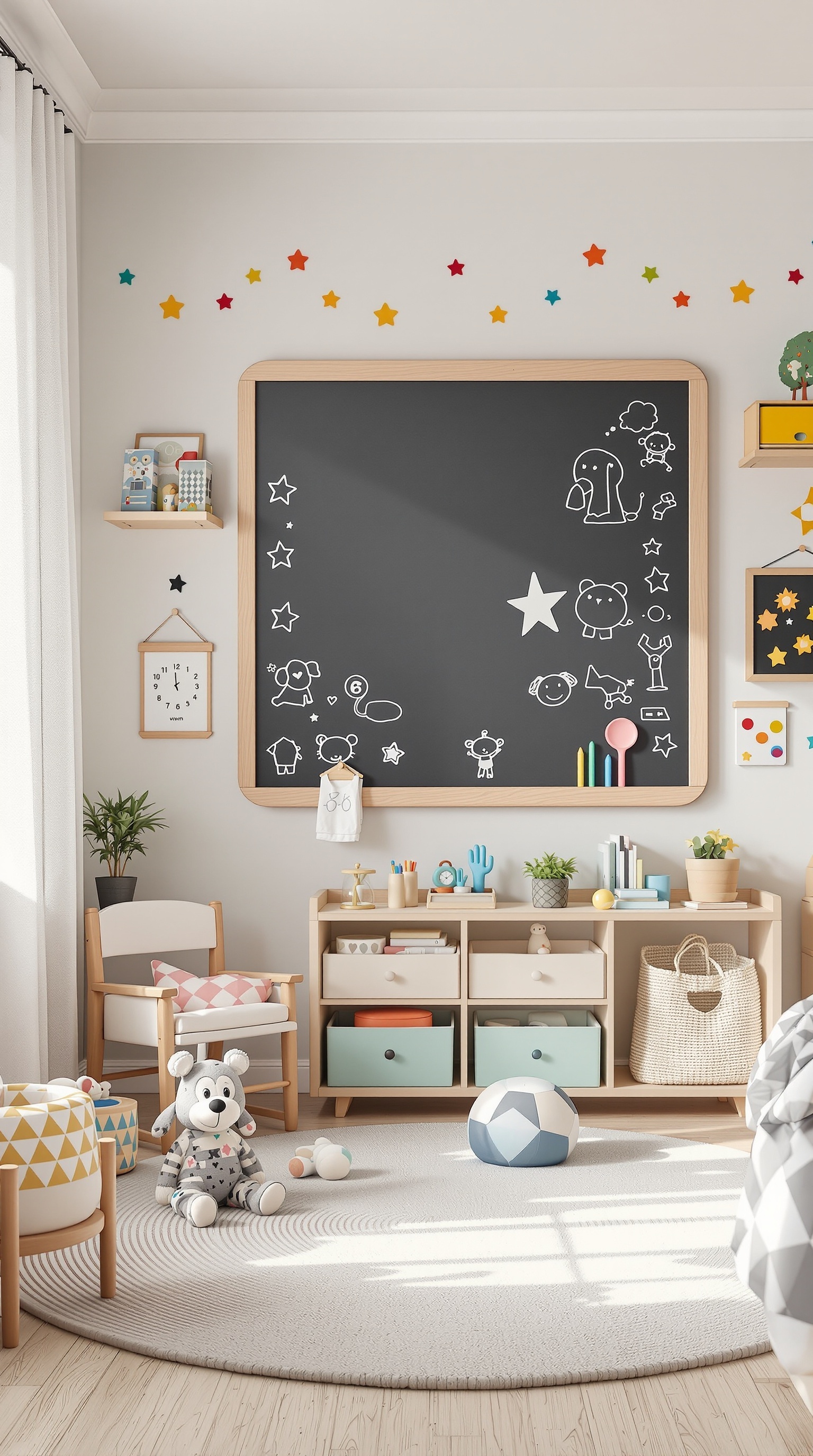 A toddler's room featuring interactive wall art with a chalkboard and colorful star stickers.