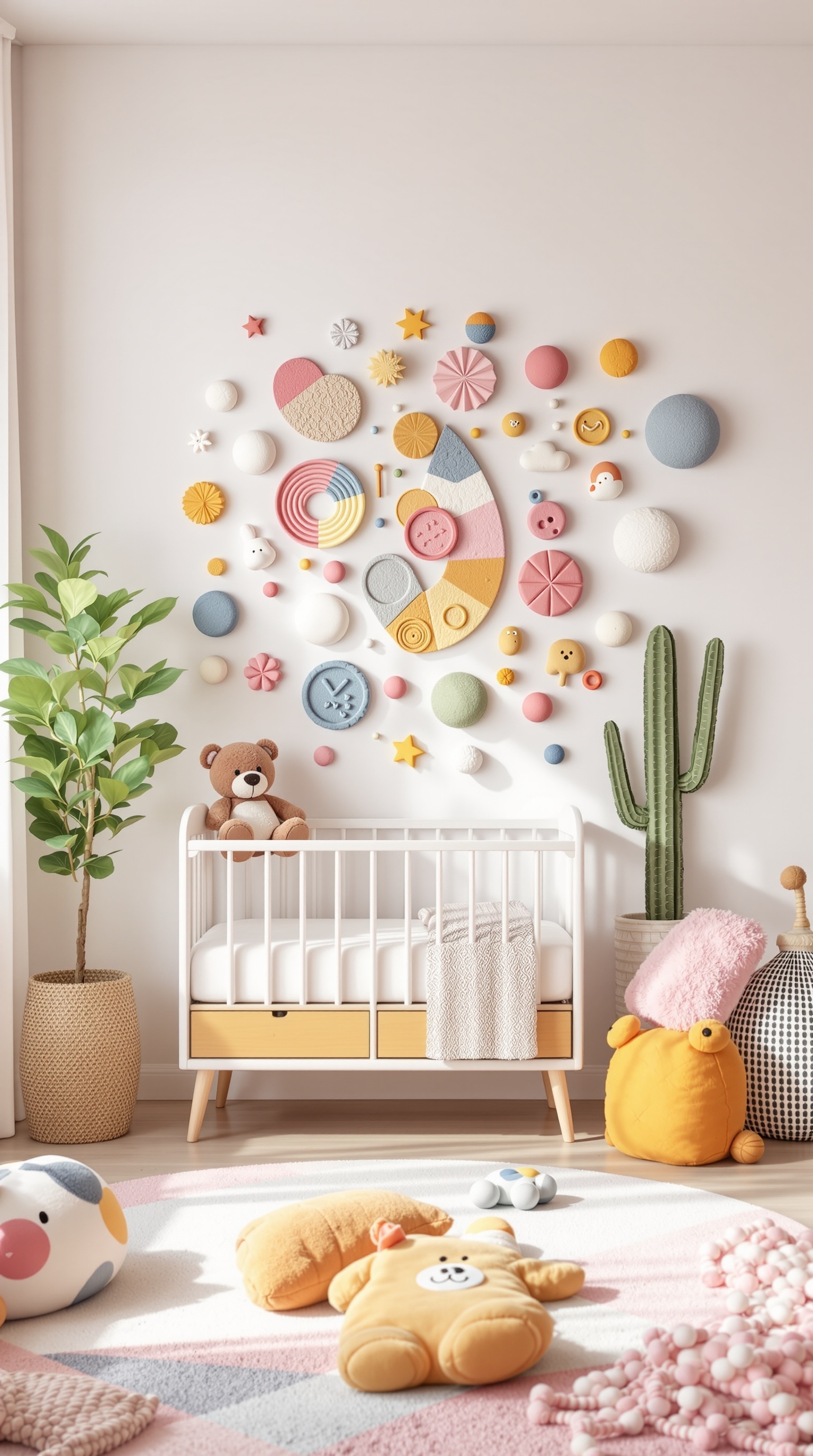 A colorful nursery wall featuring interactive wall art with various shapes and textures.