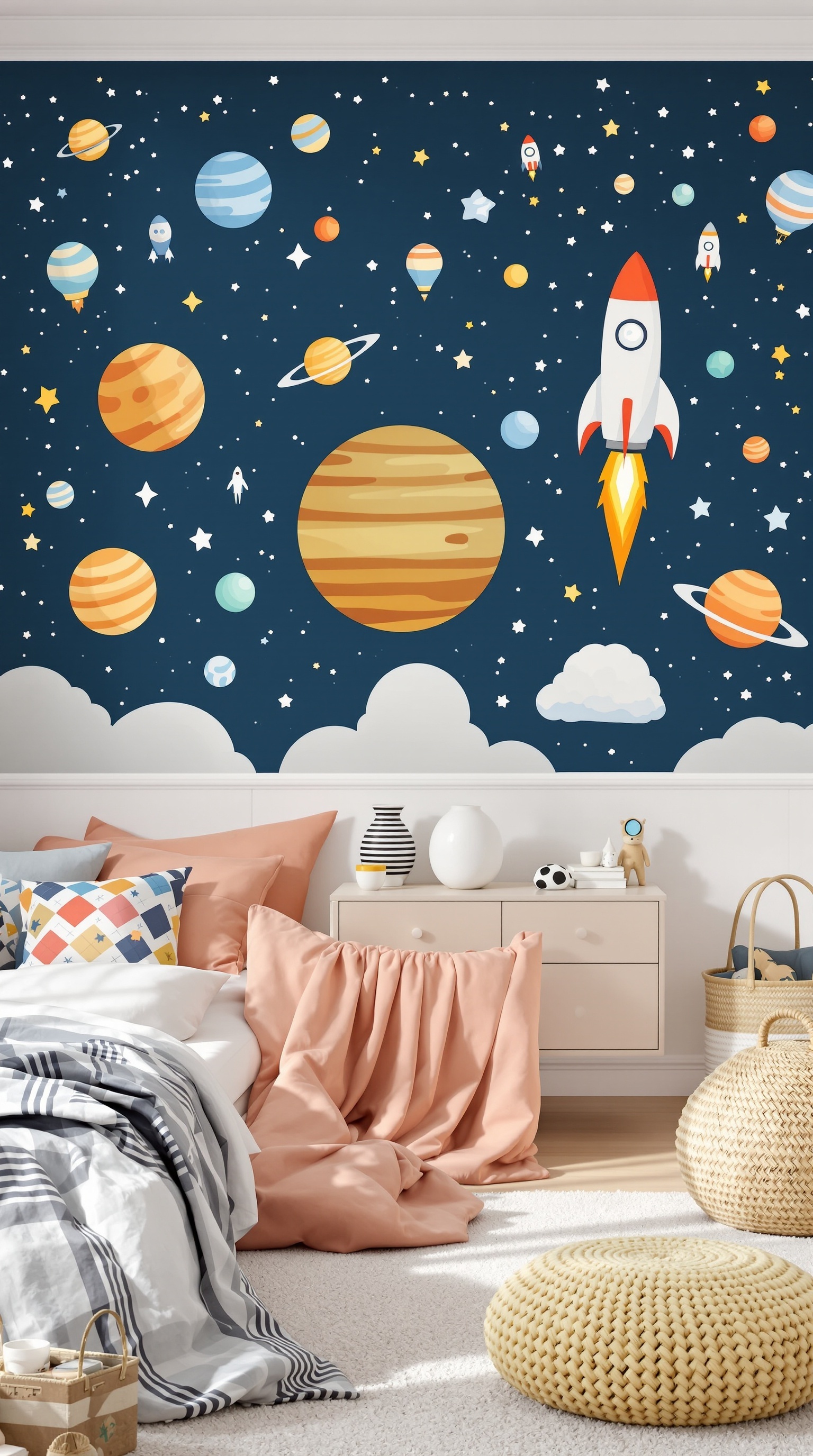 A toddler bedroom with a space-themed wall mural featuring planets, rockets, and stars.