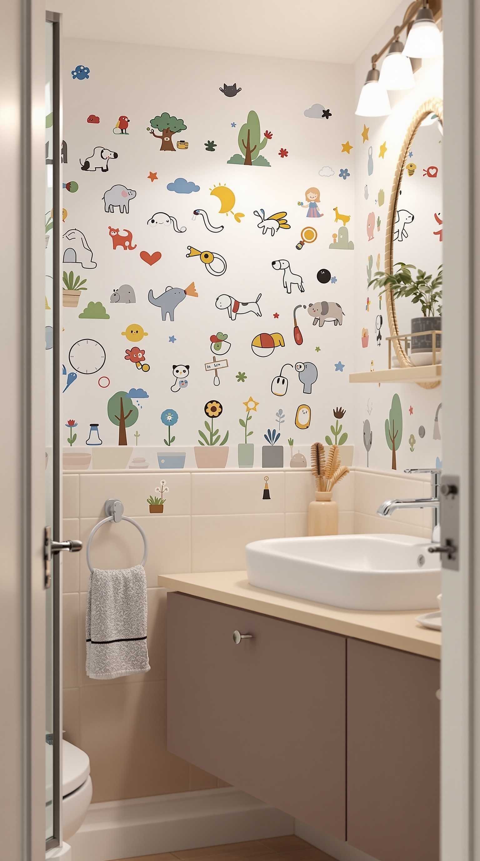 A colorful bathroom wall decorated with interactive wall decals featuring animals, plants, and playful characters.