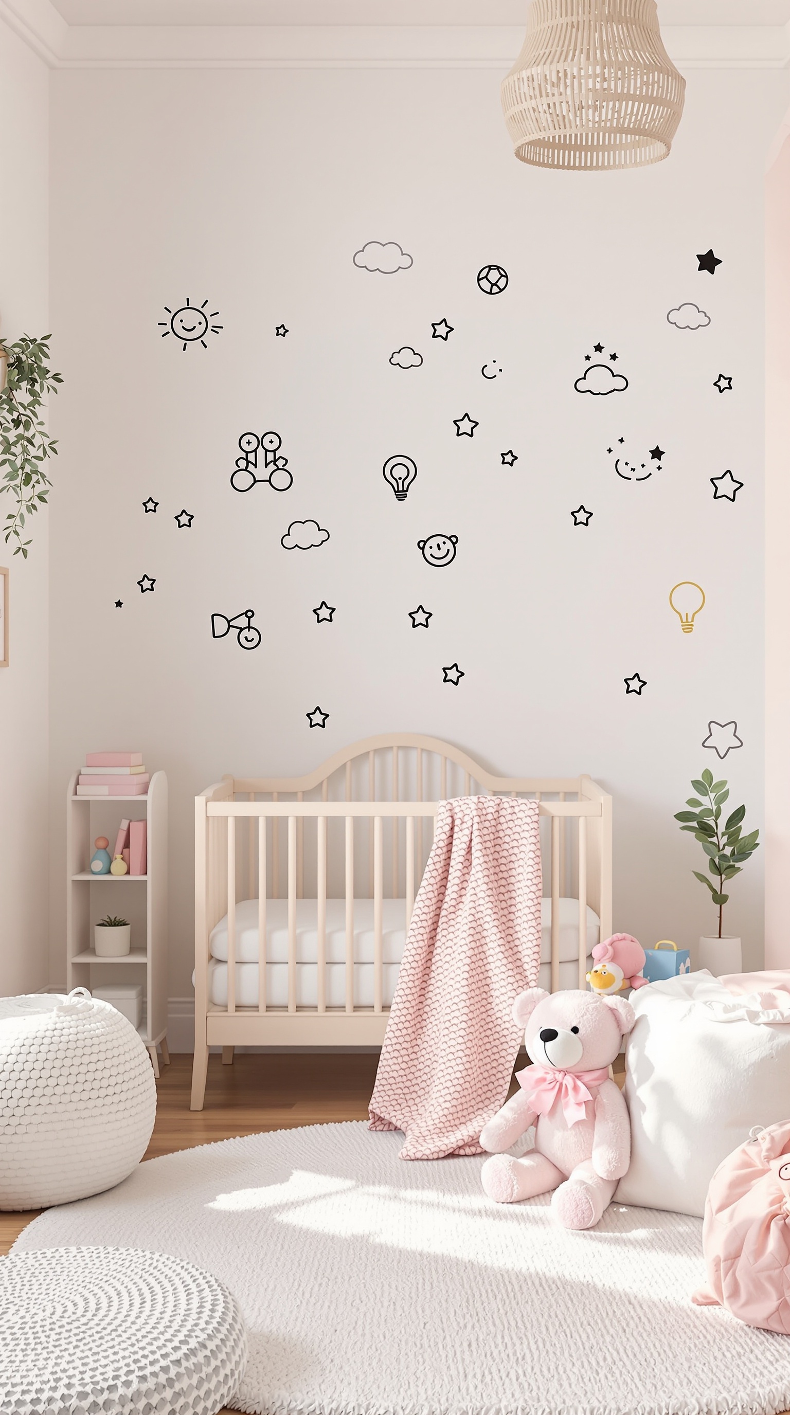 A toddler's bedroom featuring interactive wall decals with playful designs.
