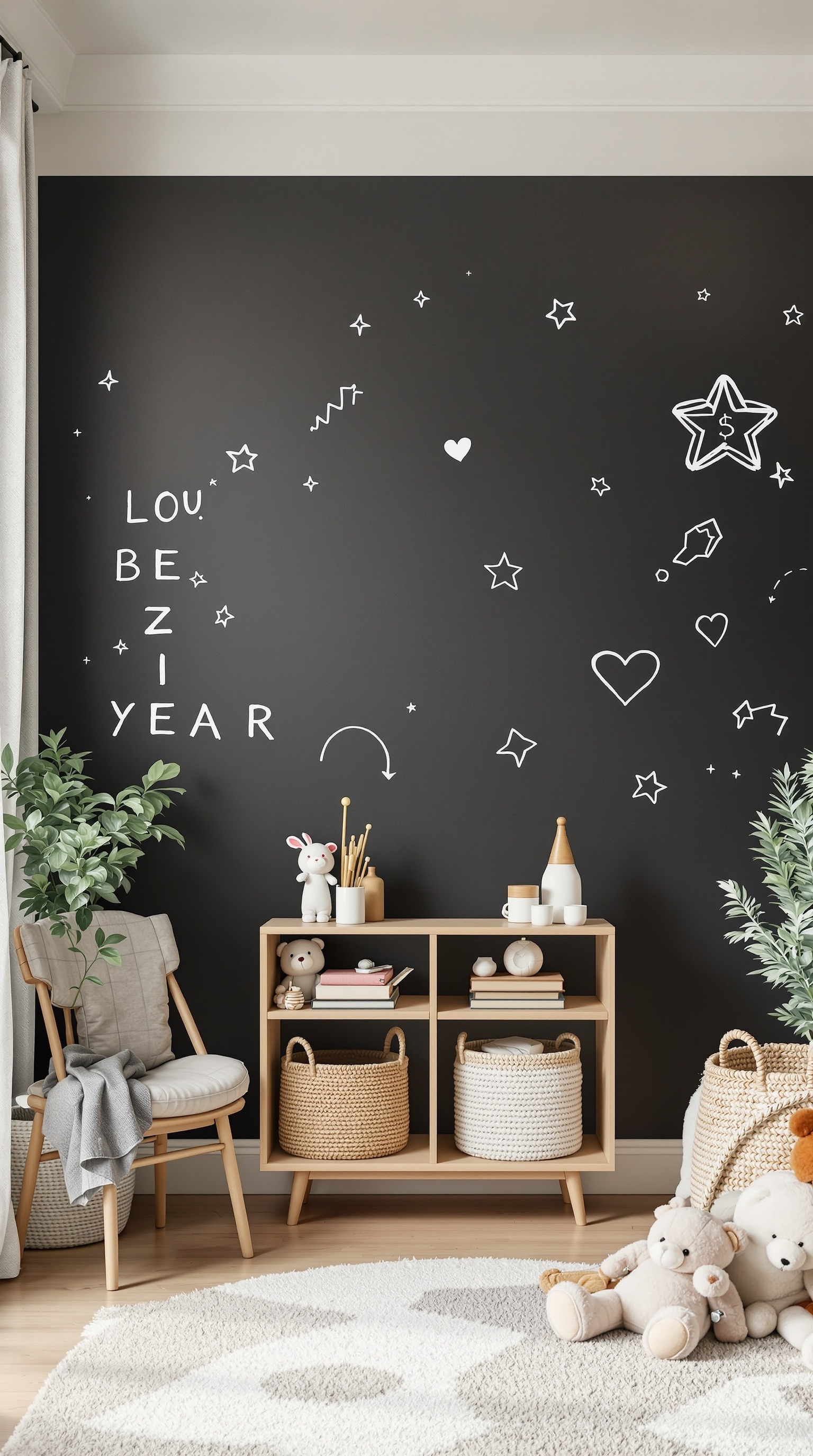 A toddler room with a dark wall featuring white doodles of stars and hearts, a cozy chair, and a soft rug.