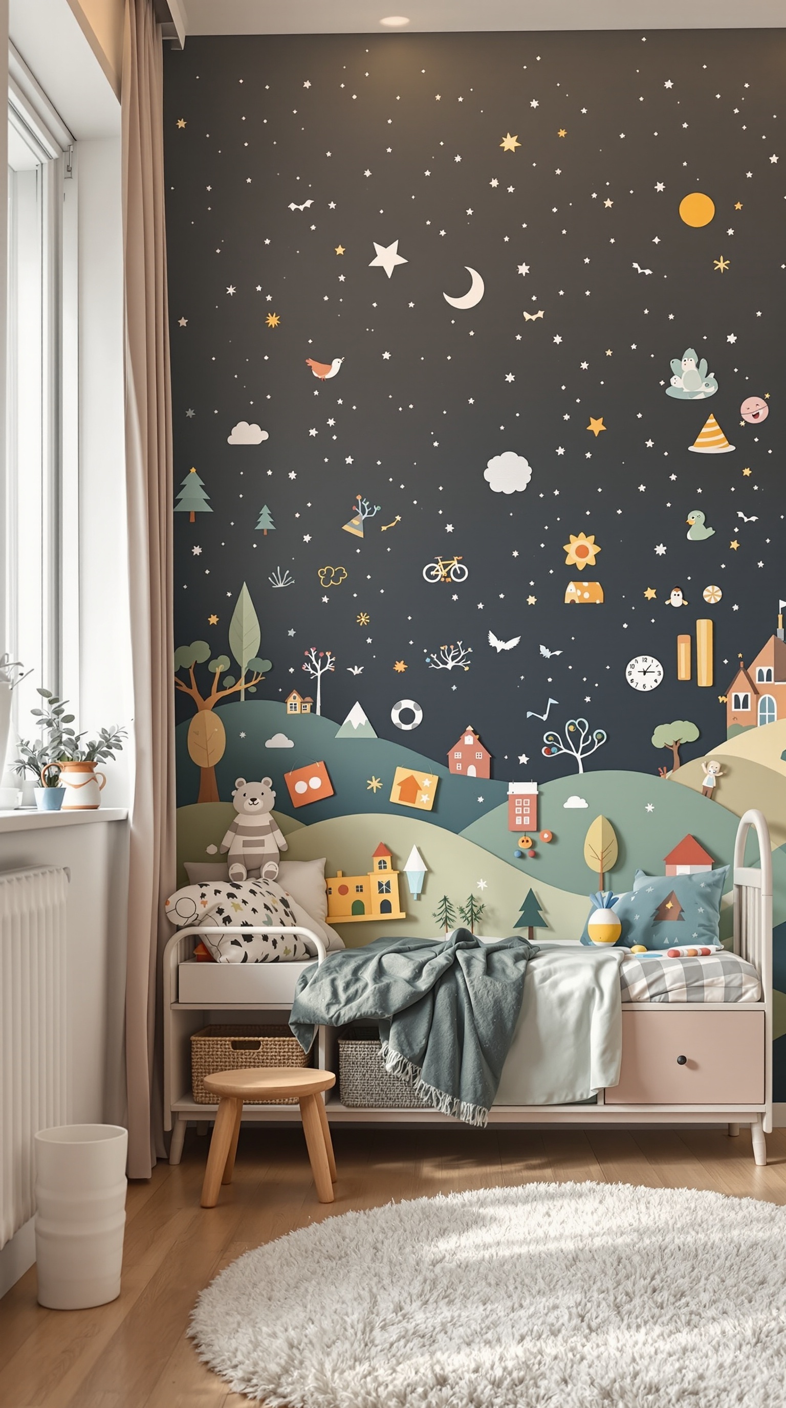 A colorful interactive wall mural in a kids' bedroom featuring a night sky with stars, moons, and playful characters.