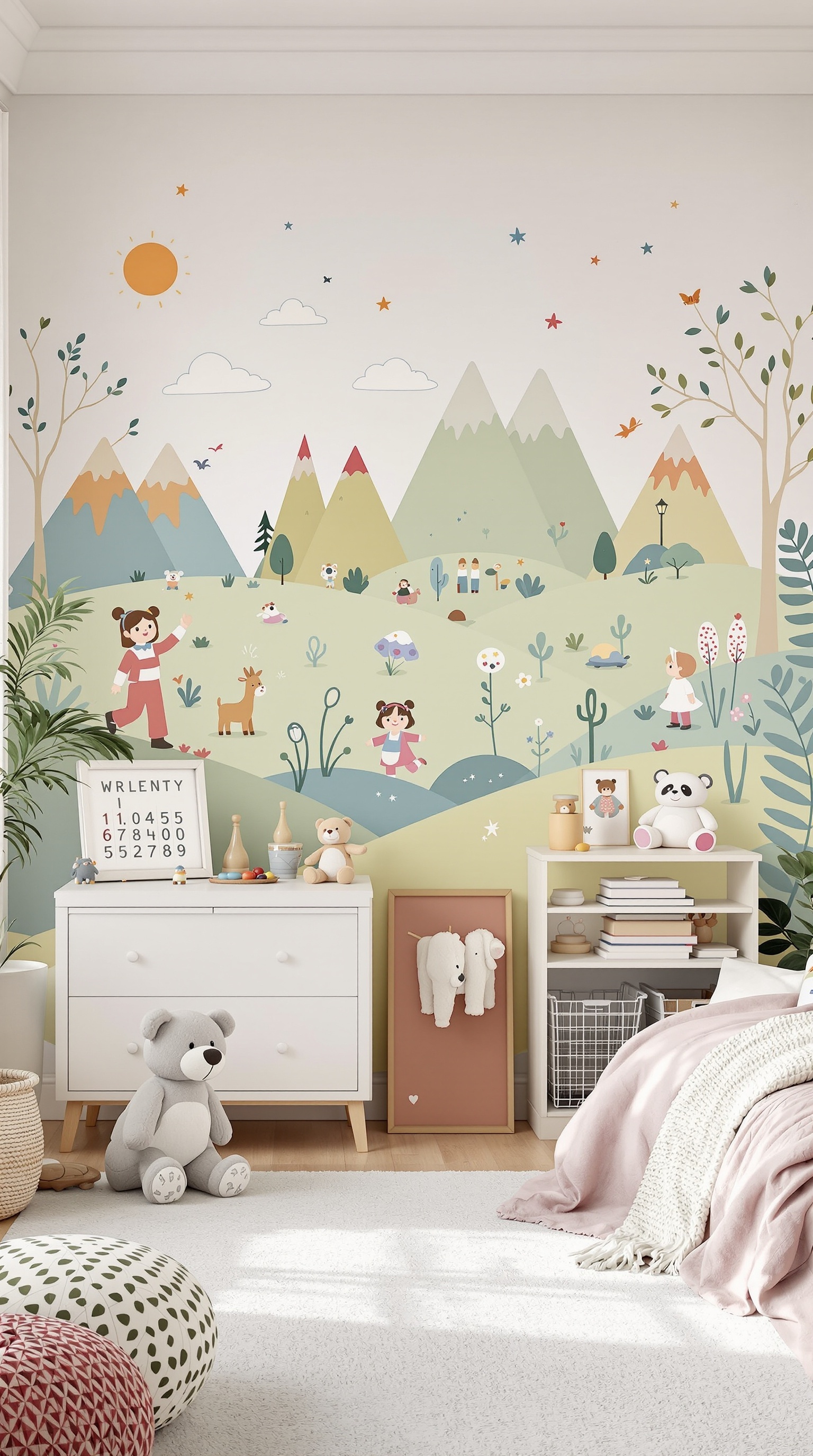 A colorful interactive wall mural in a toddler's bedroom, featuring children, mountains, and animals.