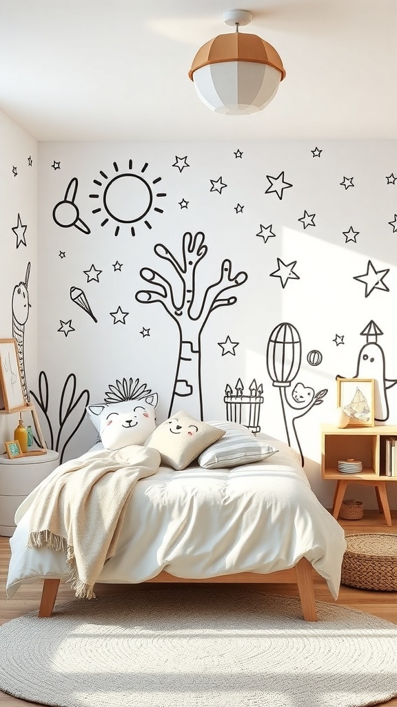 A kids bedroom with a playful black and white wall mural featuring trees, stars, and cute animals.