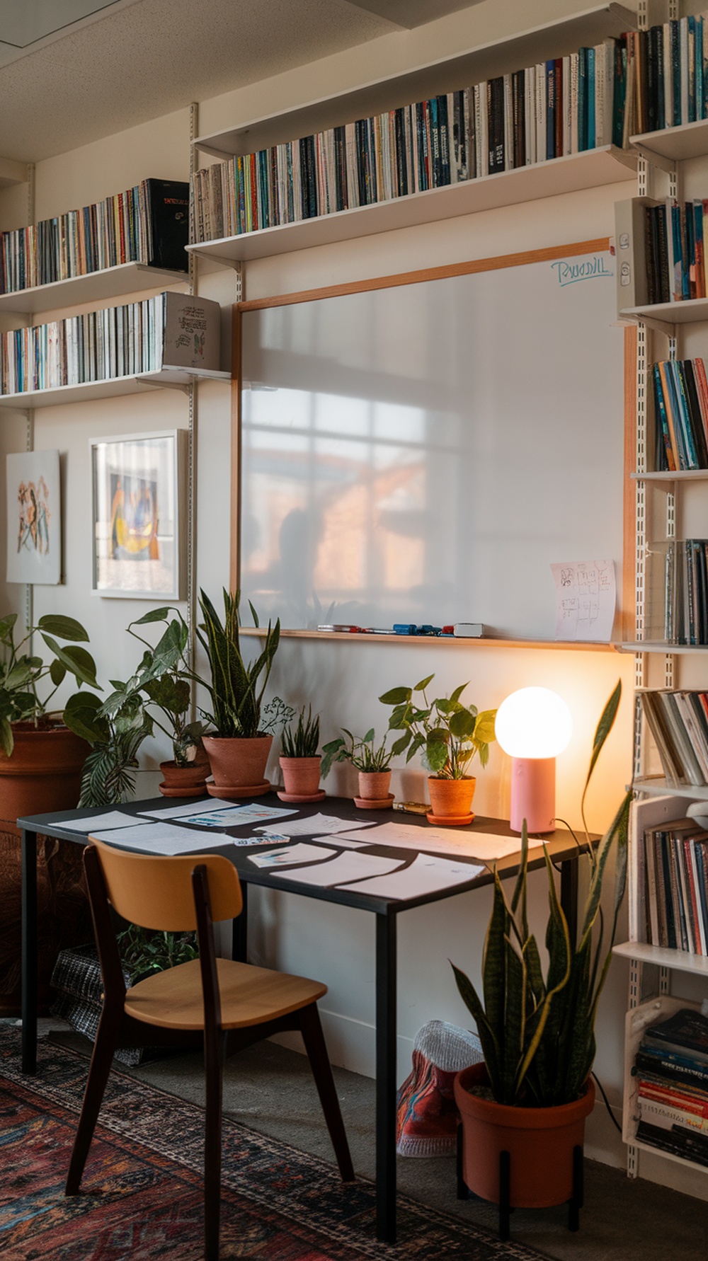 A study table with an interactive whiteboard, plants, and a lamp, creating a cozy atmosphere for brainstorming.
