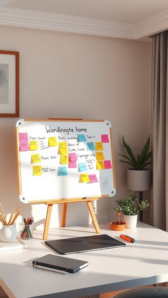 A bright and organized desk featuring an interactive whiteboard with colorful sticky notes, a laptop, and stationery.