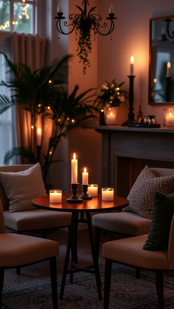 A cozy candlelit dining area with a round table, comfortable chairs, and soft lighting.