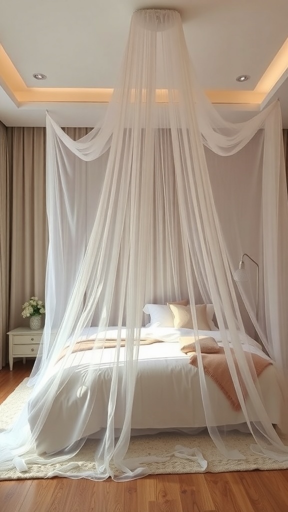 A beautifully designed bedroom with a canopy bed draped in soft, flowing fabric.