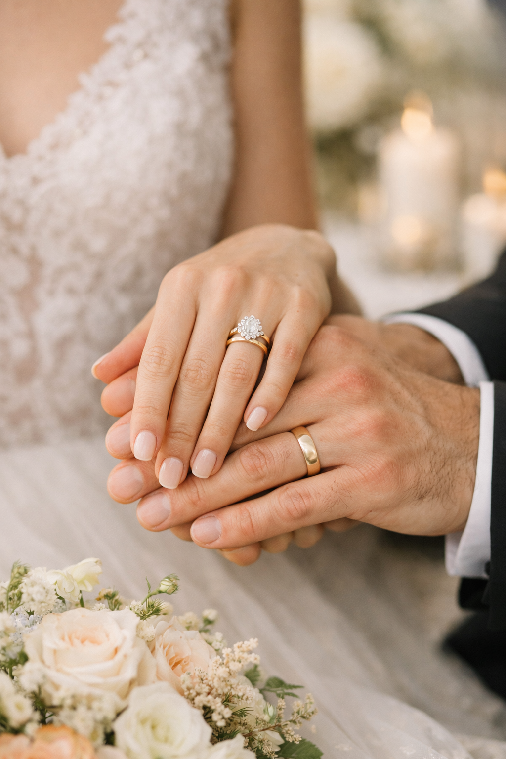 Close-up of two hands with engagement rings, gently intertwined, with flowers in the foreground.