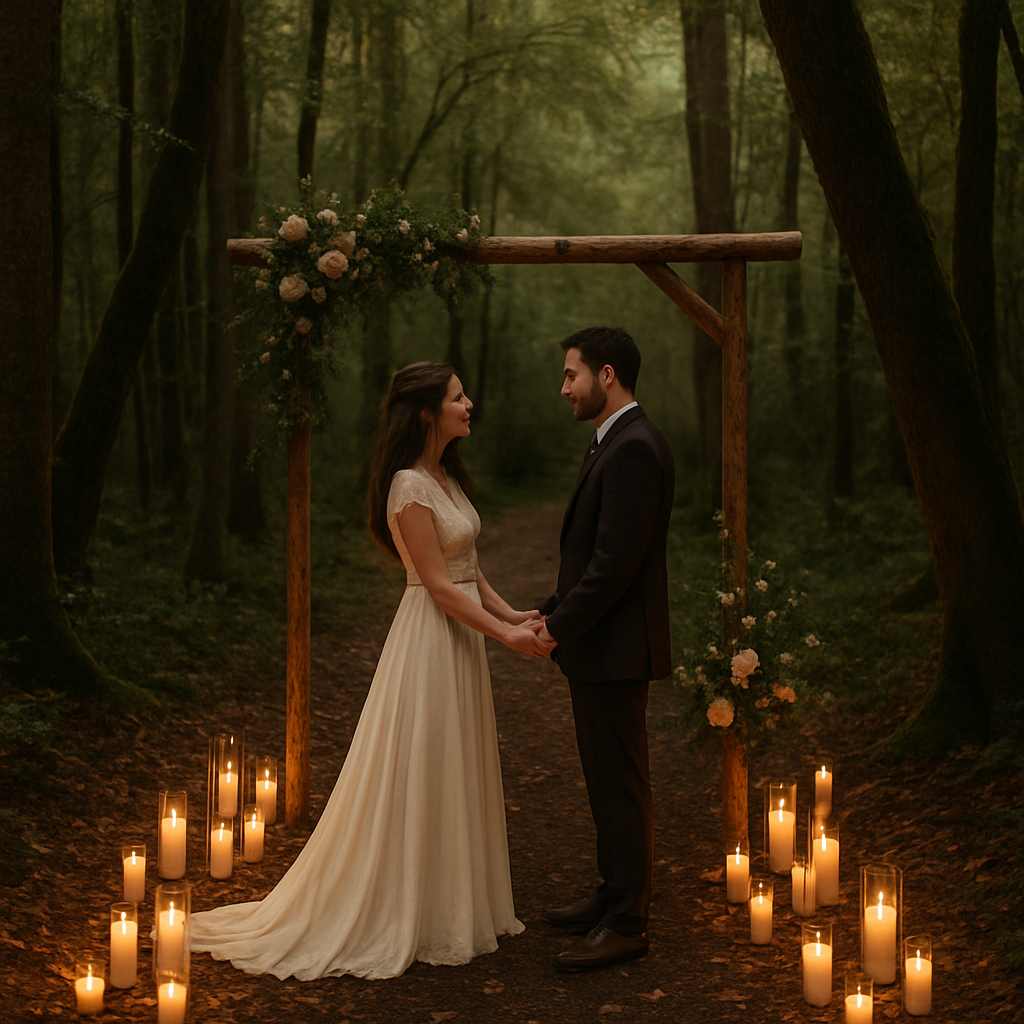 A couple standing under a wooden arch in a forest, surrounded by candles, during an intimate elopement ceremony.