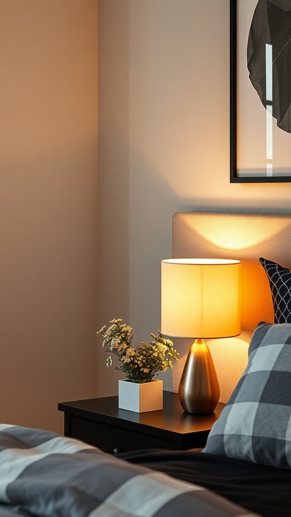 A cozy bedside table with a warm lamp and a small plant, creating intimate lighting in a dark romantic bedroom.