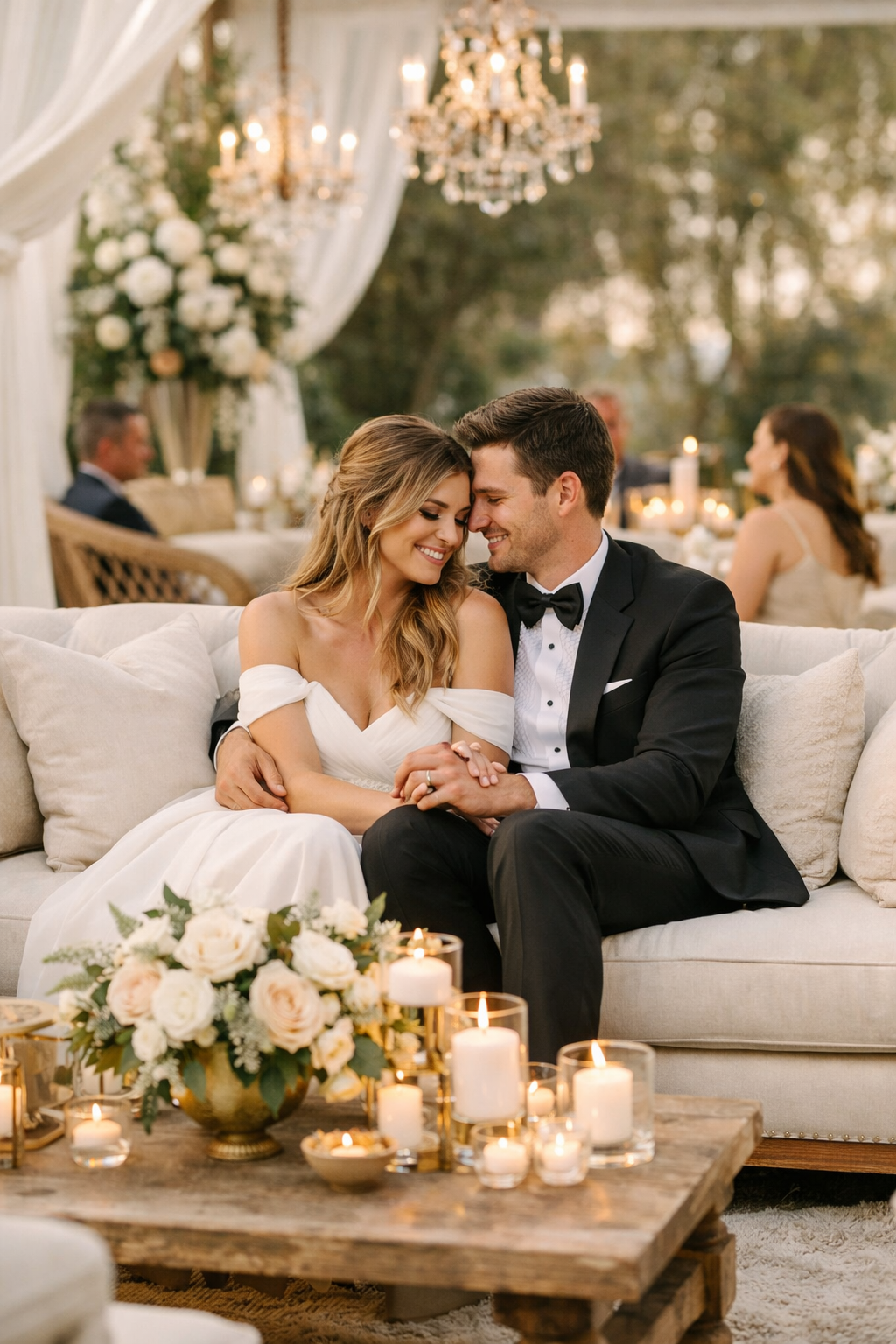 A couple sitting together on a couch in a beautifully decorated lounge area at a wedding, surrounded by floral arrangements and candlelight.