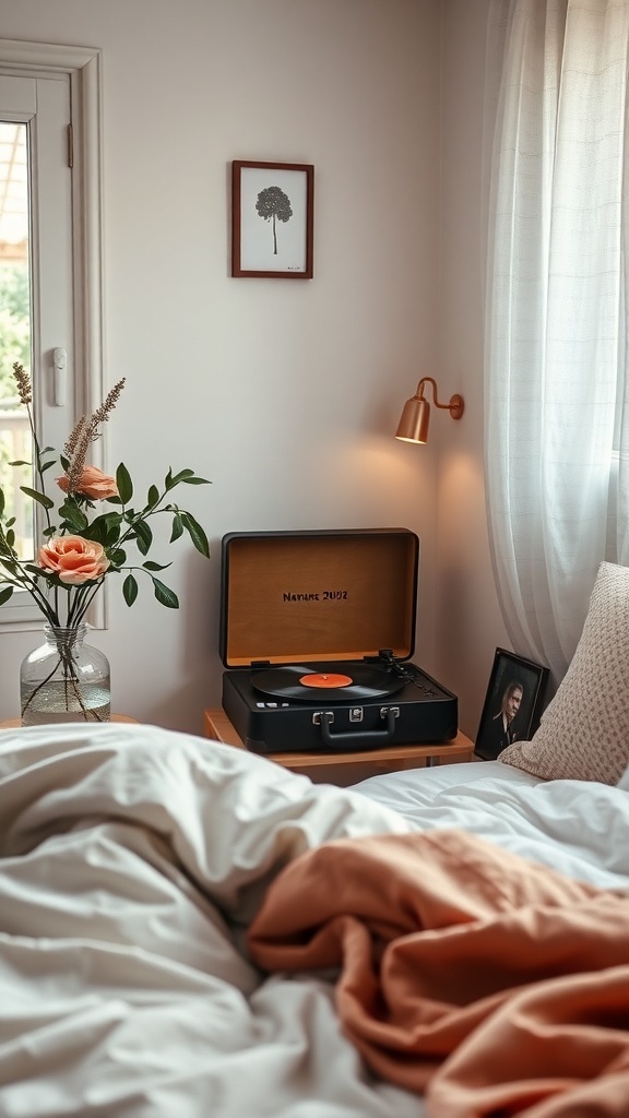 A cozy bedroom corner featuring a record player, flowers, and soft lighting.