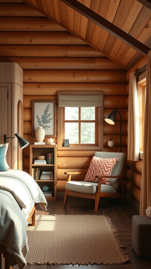 Cozy reading nook in a cabin bedroom with a chair, lamp, and bookshelf.