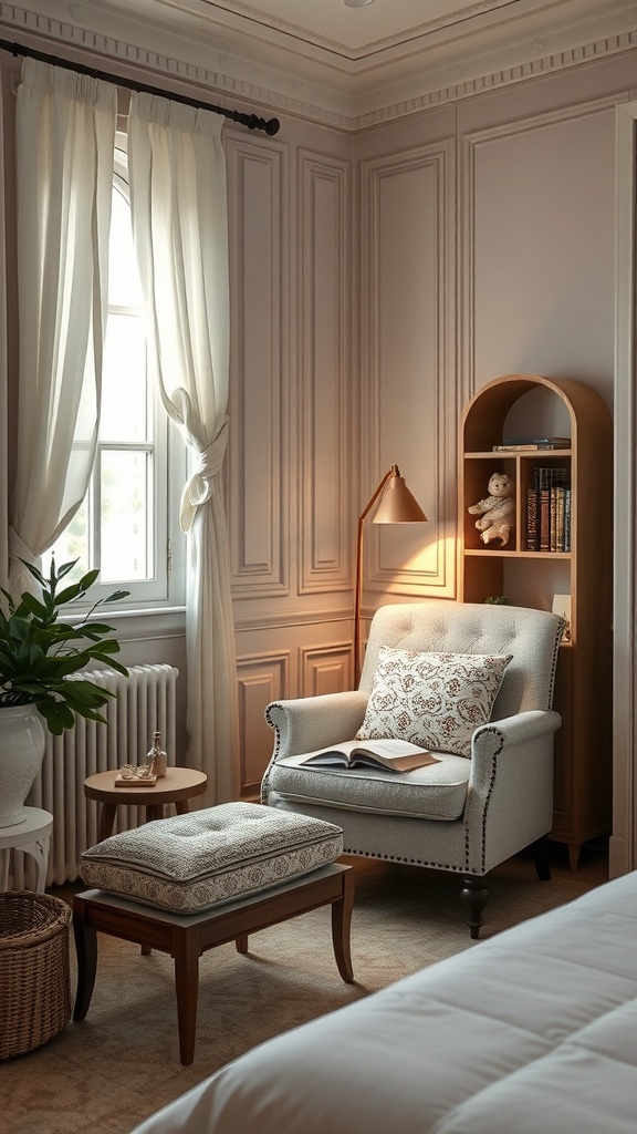 Cozy reading nook with an armchair, side table, and bookshelf in a romantic French bedroom