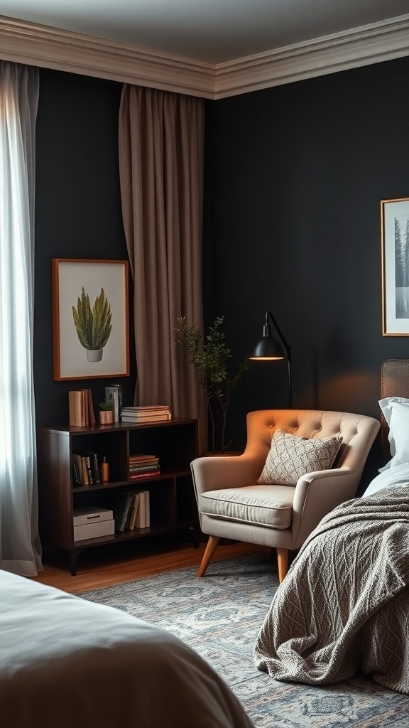 Cozy reading nook in a dark feminine bedroom with an armchair, bookshelf, and warm lighting.
