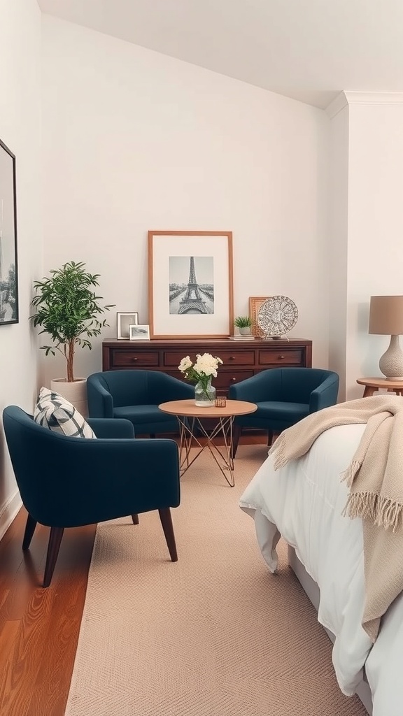 A cozy bedroom seating area with two chairs and a small table, creating an intimate atmosphere.