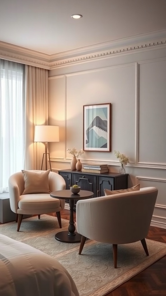 Cozy bedroom seating area with two chairs and a small table