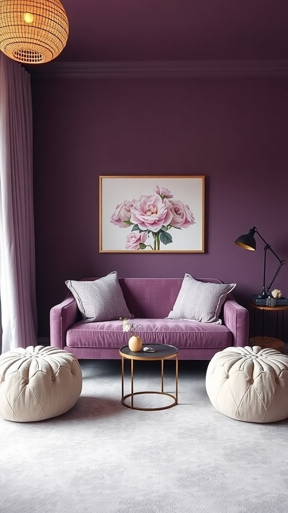 Cozy intimate seating area in a romantic purple bedroom with a purple sofa, poufs, and soft lighting.