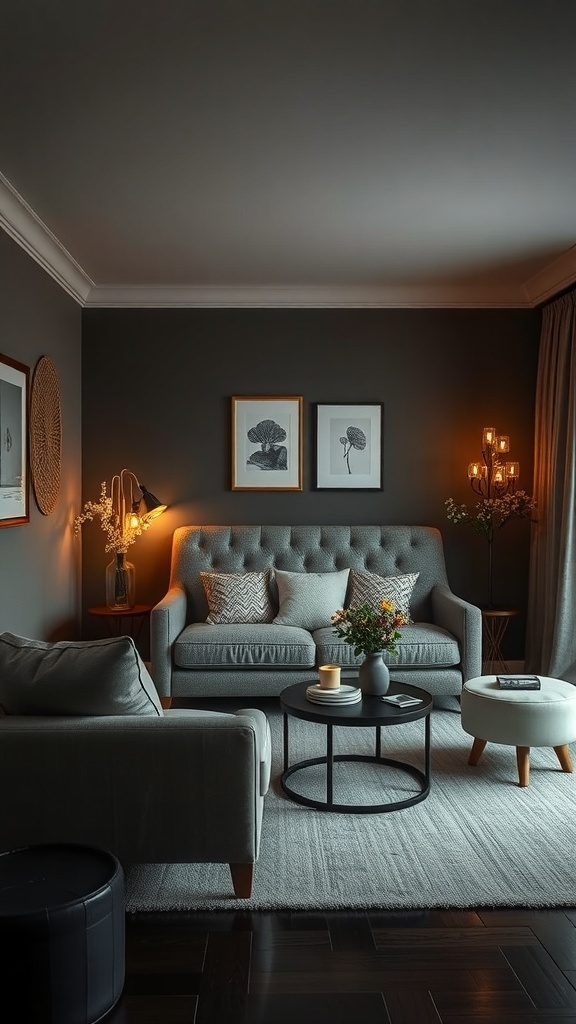 Cozy dark romantic bedroom seating area with a sofa, coffee table, and soft lighting.