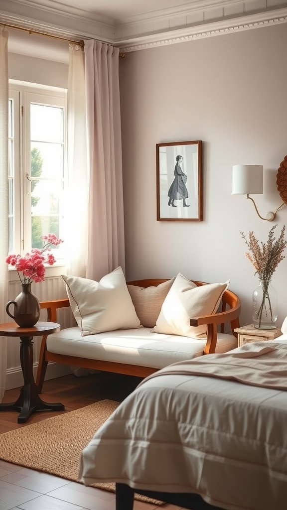 Cozy bedroom seating area with a wooden loveseat and soft pillows, illuminated by natural light from a window.