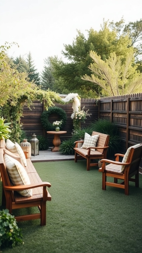 A cozy backyard seating arrangement with wooden chairs and a table surrounded by greenery.