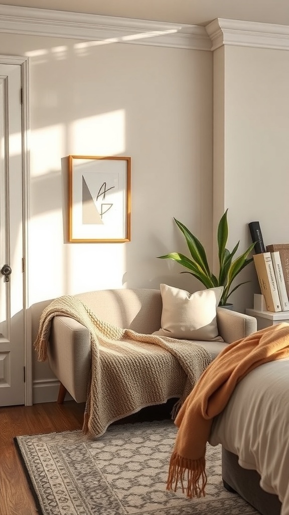 Cozy seating nook in a bedroom with a chair, throw blanket, and plant