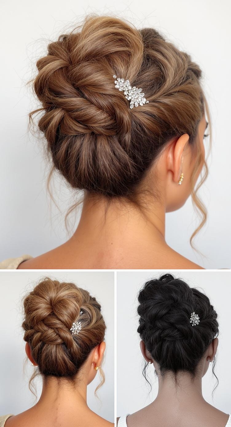 A collection of intricate braided buns for bridesmaids, showcasing different hair colors and styles.