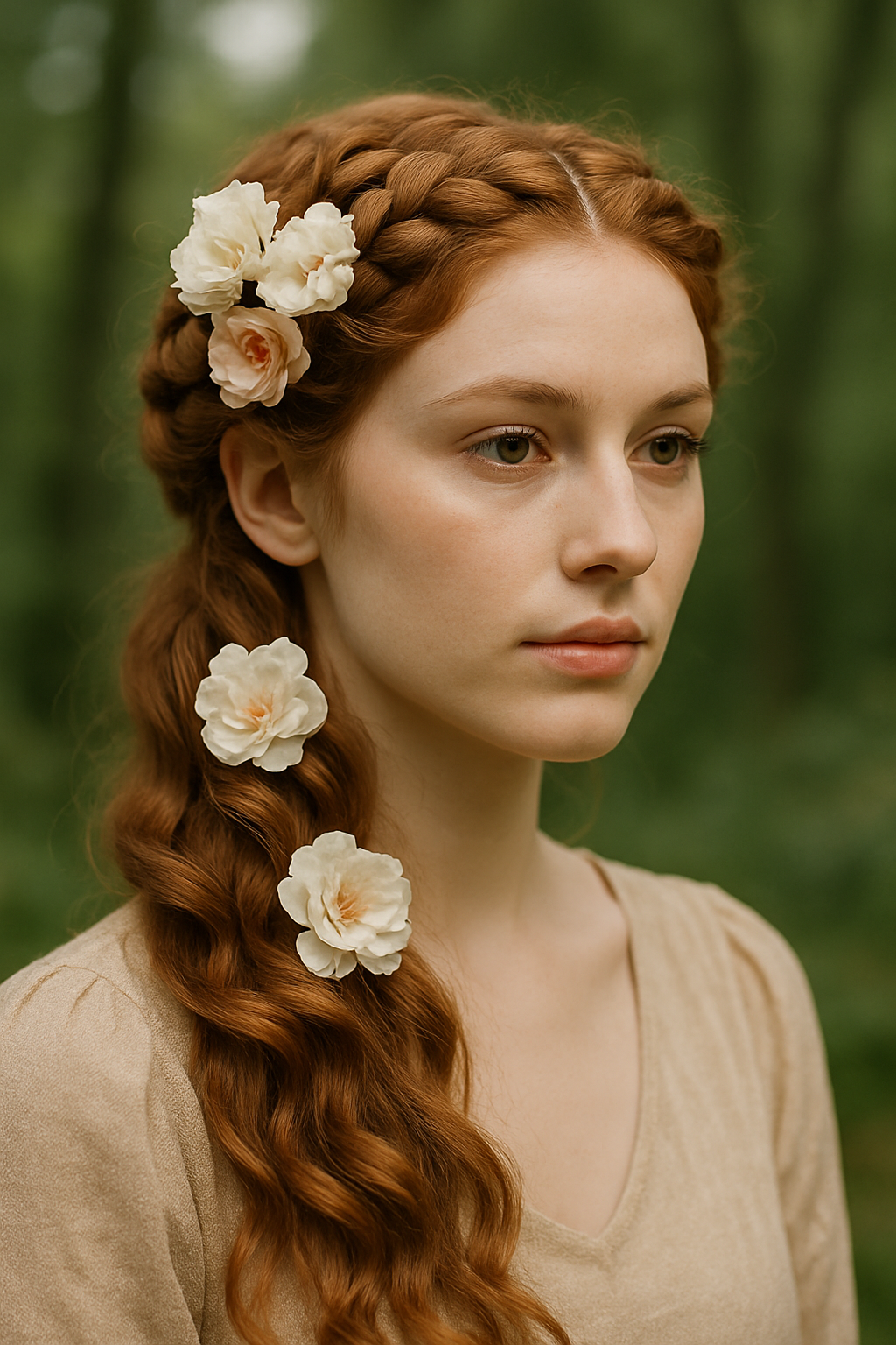 A woman with a braided crown hairstyle adorned with silk flowers, showcasing a romantic and elegant look.