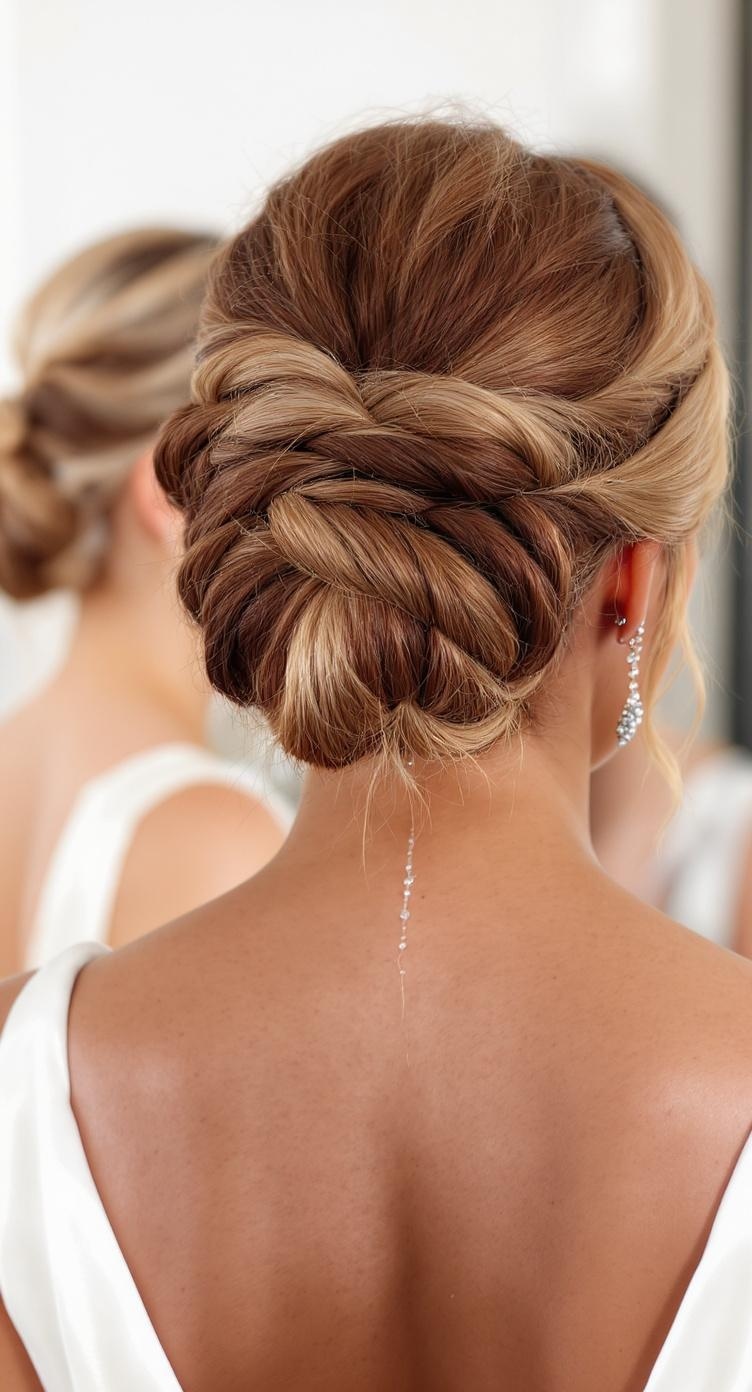 A beautiful braided updo hairstyle for long hair, featuring intricate braids and soft waves, perfect for a bridesmaid.