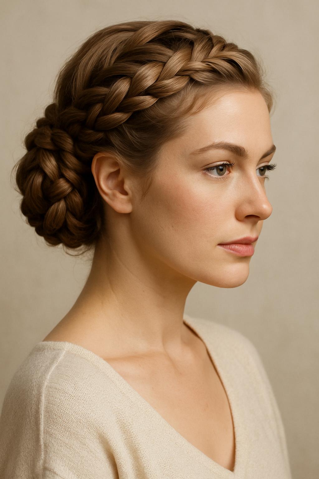 A woman with an intricate braided updo hairstyle, showcasing elegant braids wrapped around her head.