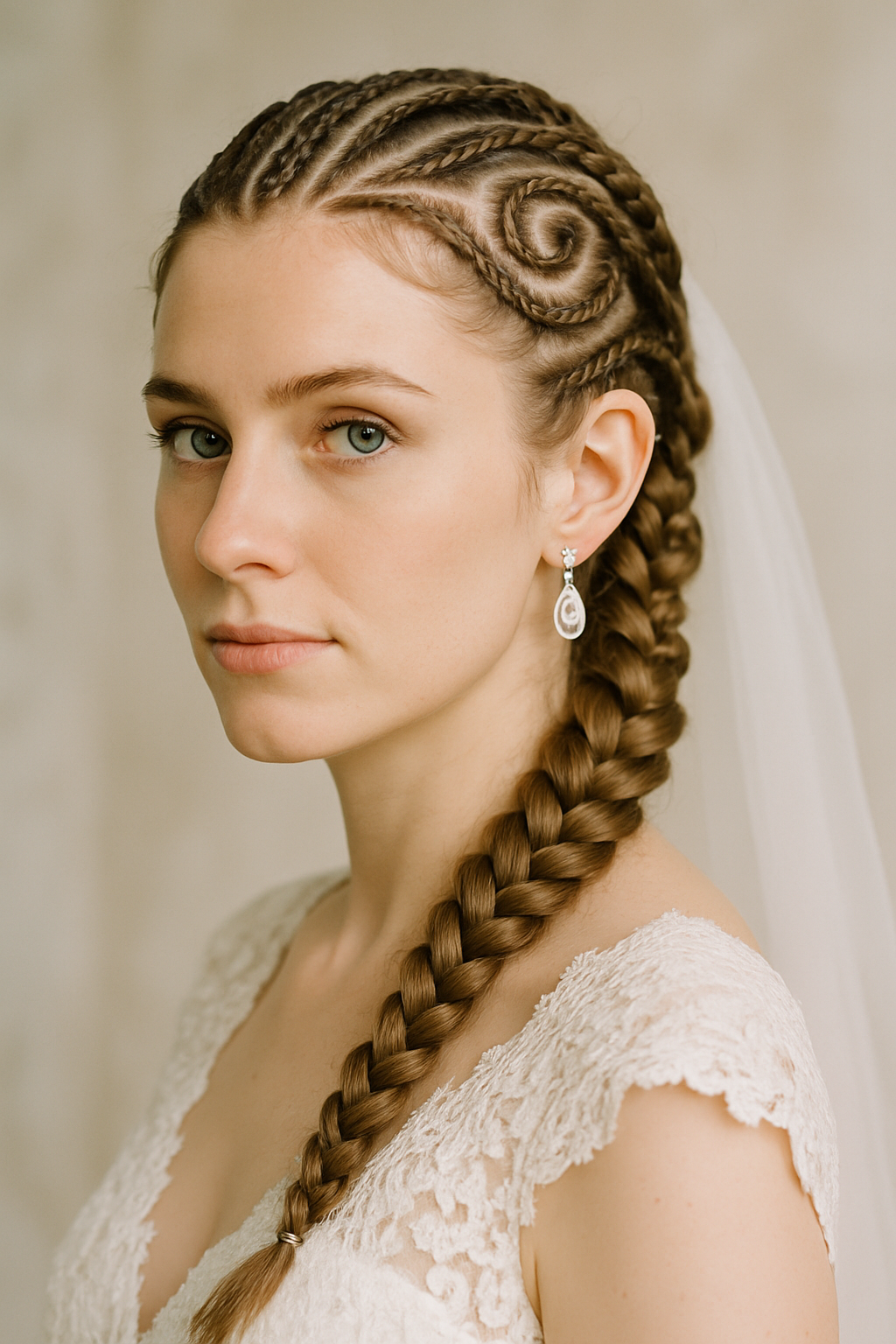 A bride with intricate cornrow hairstyles, featuring a spiral design and a flowing braid.