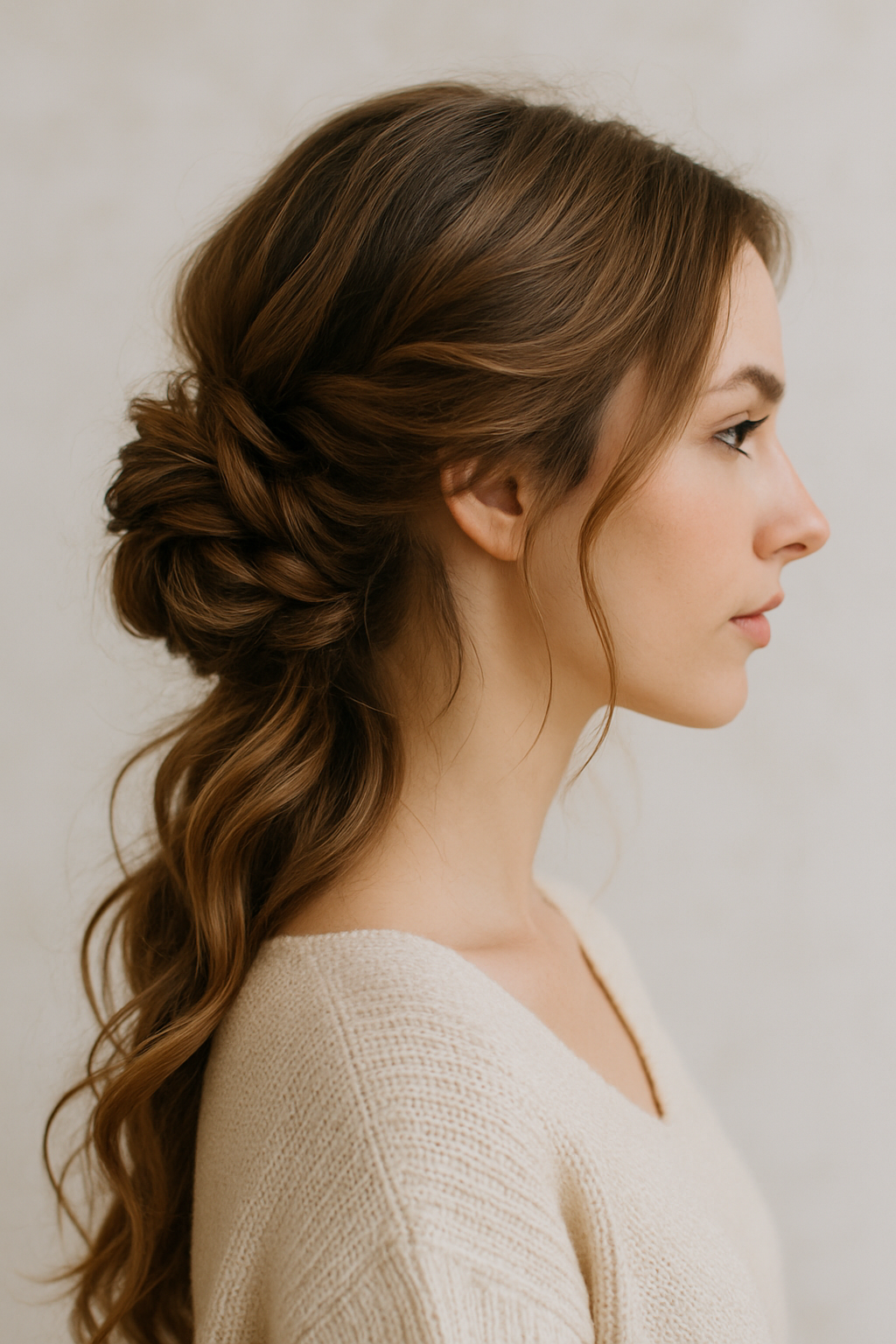 A profile view of a woman with an intricate fishtail braid hairstyle, showcasing soft waves and a romantic look.