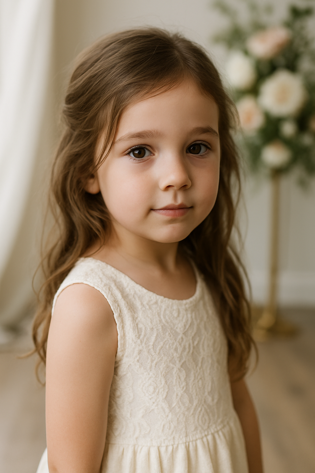 A young girl with a fishtail braid hairstyle, wearing a light dress, standing in a bright room.