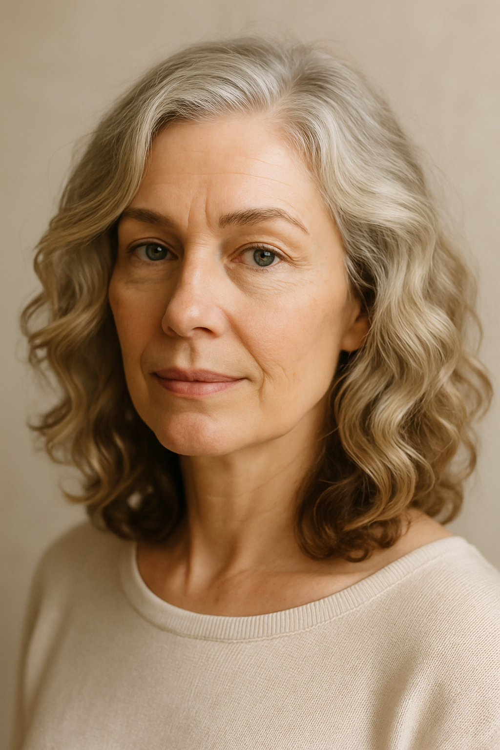Mature bride with soft waves and natural makeup, showcasing a simple yet elegant hairstyle.
