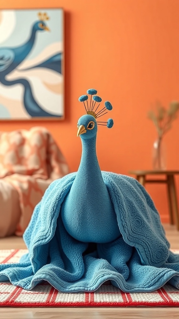 A beautifully folded towel shaped like a peacock, showcasing vibrant blue colors and decorative features.